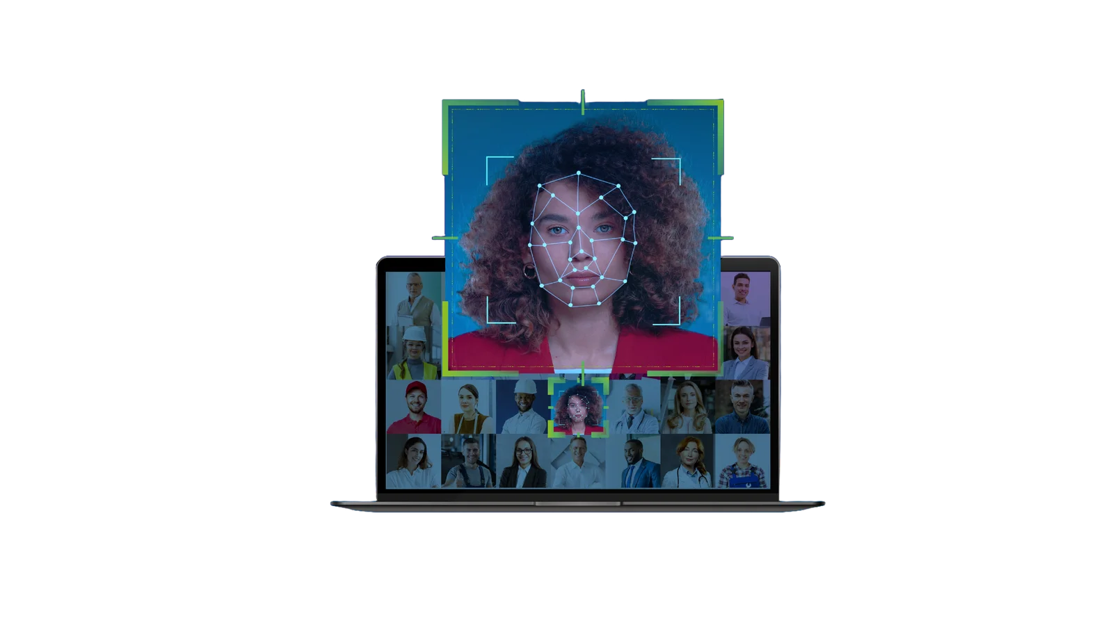 FaiceMatch retrospective facial recognition — laptop showing face matching against database