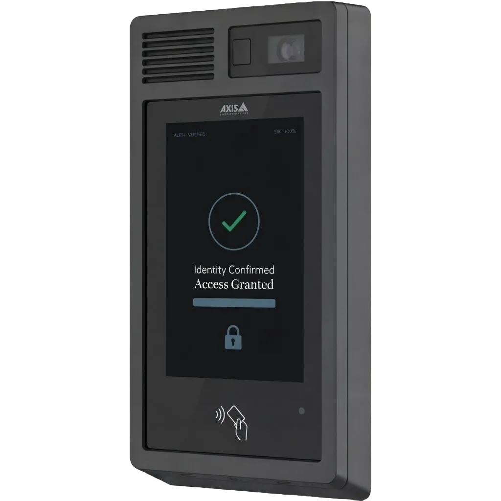 Axis access control terminal showing Identity Confirmed — Access Granted
